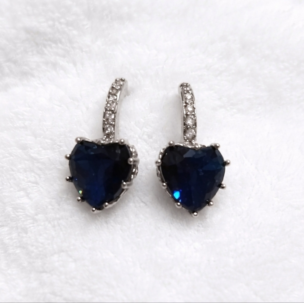 Blue Heart- Crystal Drop Earrings - Silver Tone
